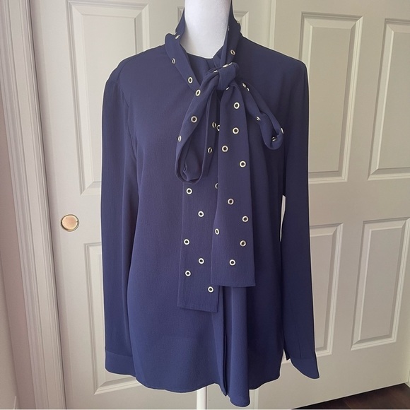 NWOT Michael Kors Navy Blue Tie Neck Blouse - Picture 2 of 13